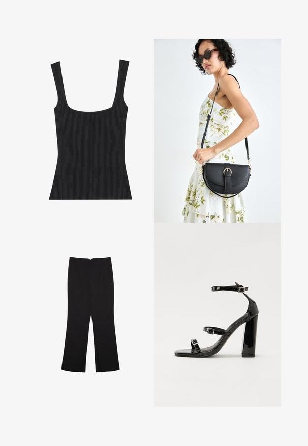Czarny, prążkowany top na ramiączkach z kwadratowym dekoltem i cienkimi, regulowanymi ramiączkami. Tkanina ma teksturowany wzór i dopasowany krój.; Czarne spodnie o prostym kroju, z przednimi kieszeniami i bocznymi rozcięciami na dole. Wykonane z miękkiego, gładkiego materiału. Odpowiednie na różne okazje.; Czarne lakierowane sandały na obcasie z kwadratowym noskiem, z paskami wokół kostki i srebrnymi klamrami. Posiadają masywny słupek dla stabilności.; Czarna skórzana torebka o zakrzywionym kształcie, z odpinanym paskiem i złotymi akcentami. Torebka posiada klapę z zapięciem w kształcie klamry.