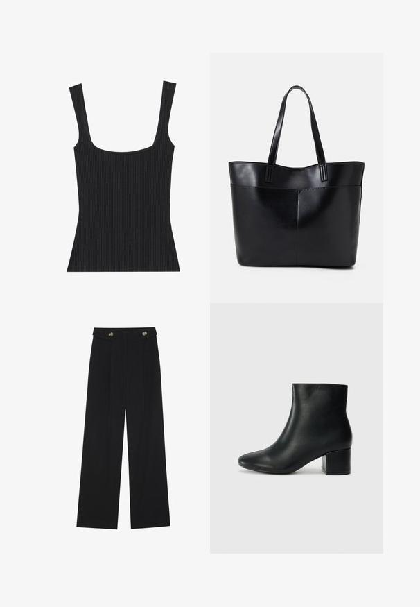 Svart ribbet tanktopp med firkantet utringning og smale, justerbare stropper. Stoffet har et teksturert mønster og en tettsittende design.; Svart vide bukser med høy midje, knappdetaljer på midjebåndet og frontplisser.; Sorte skinn ankelsko med spiss tå og chunky hæl. Glatt tekstur med minimale detaljer og et elegant, tettsittende design.; Svart lær toteveske med to lange håndtak, en glatt tekstur og en strukturert form. Har en frontlomme for ekstra oppbevaring.