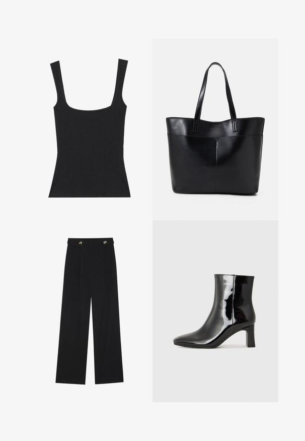 Top de rezervor negru cu nervuri, cu decolteu pătrat și bretele subțiri, ajustabile. Materialul are un model texturat și un design ajustat.; Pantaloni negri cu picioare largi, talie înaltă, detalii cu butoane pe talie și pliseuri în față.; Botine negre din piele lacuită, cu vârful ascuțit și toc bloc de înălțime medie. Textură netedă și design minimalist.; Geantă oversized din piele neagră, cu două mânere lungi, de textură netedă și formă structurată. Are un buzunar frontal pentru stocare suplimentară.