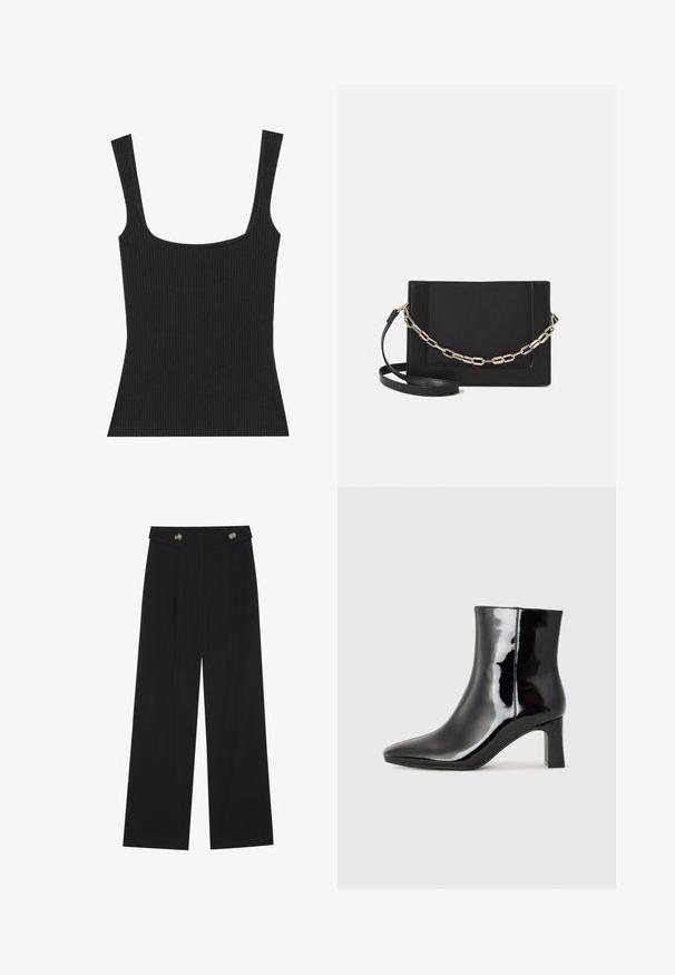 Schwarzes geripptes Tanktop mit quadratischem Ausschnitt und schmalen, verstellbaren Trägern. Der Stoff hat ein strukturiertes Muster und eine figurbetonte Passform.; Schwarze weite Hosen mit hoher Taille, Knopfdetails am Bund und vorderen Falten.; Schwarzer Lackleder-Stiefelette mit spitzer Zehe und einem mittelhohen Blockabsatz. Glatte Textur und minimalistisches Design.; Schwarze Leder-Crossbody-Tasche mit glatter Textur, rechteckiger Form und metallic-kettendetail auf der Vorderseite. Verstellbarer Gurt inklusive.