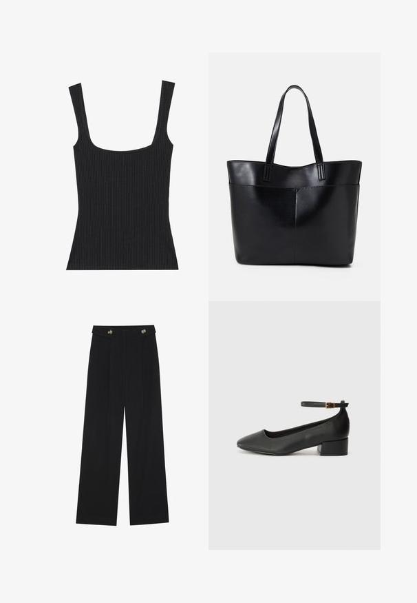 Sort ribbet tanktop med firkantet halsudskæring og slanke, justerbare stropper. Stof er præget og har en tætsiddende pasform.; Sorte vide bukser med høj talje, knapdetaljer på taljebåndet og frontfald.; Sorte læderpumper med spids tå og en lav blokhæl. Har en ankelrem med en guldfarvet spænde. Glat tekstur.; Sort læder tote taske med to lange håndtag, en glat tekstur og en struktureret form. Har en forlommem for ekstra opbevaring.