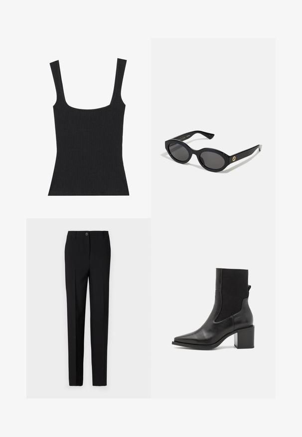 Top de tirantes negro con canalé, cuello cuadrado y tirantes delgados ajustables. La tela presenta un patrón texturizado y un diseño ajustado.; Pantalones negros ajustados con un diseño de pierna recta, con cierre de botón y trabillas para cinturón, fabricados con tela suave.; Botín negro hasta el tobillo con punta afilada, hecho de cuero suave y tejido elástico. Presenta un tacón cuadrado y un diseño minimalista.; Gafas de sol negras en forma ovalada con lentes oscuros y montura de plástico brillante. Presenta un logo dorado en la patilla, ofreciendo un diseño elegante y moderno.; Bolso de mano de tela con un patrón azul, que presenta una forma curva, una correa de cuero negra y un diseño de logo en un tono más claro.
