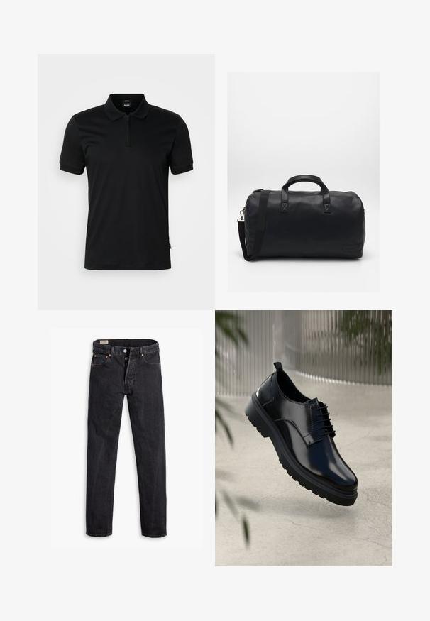BOSS PARAS - Polo - black; Vaqueros de mezclilla negra con un corte recto. Presenta cinco bolsillos, dos cierres frontales con botón y costuras sutilmente contrastantes. Textura mate.; Zapato de cuero negro con un acabado brillante, puntera redonda, diseño de cordones, costuras de contraste y una suela de goma gruesa con patrones de tracción.; Bolsa de deporte negra hecha de material sintético texturizado. Cuenta con dos asas y una correa de hombro ajustable. Diseño sencillo sin patrones visibles.