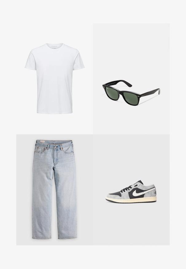 Bílý krátký rukáv tričko vyrobené z měkké bavlny, s kulatým výstřihem a standardním střihem, bez vzorů nebo viditelných kovových prvků.; Světle modré džíny rovného střihu s vysokým pasem, zapínáním na knoflík a předními i zadními kapsami, vystavené na rovné ploše.; Nike Air Jordan 1 Low v šedé a černé semišové úpravě s bílými akcenty. Obsahuje polstrovanou podrážku a klasické logo Nike swoosh.; Černé plastové sluneční brýle se zelenými skly, čtvercové obroučky, stříbrný detail na obočí a texturované stranice. Značka uvedená na vnitřní straně stranic.
