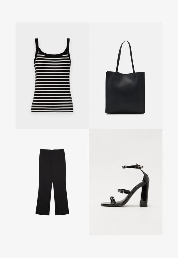 GAP MOD RIB - Top - black/white; Pantaloni neri a gamba dritta, con tasche frontali e spacchi laterali all'orlo. Realizzati in tessuto morbido e liscio. Adatti a diverse occasioni.; Sandali con tacco in vernice nera, con punta squadrata, cinturini alla caviglia e fibbie in argento. Presentano un tacco a blocco spesso per maggiore stabilità.; Borsa tote in pelle nera con texture liscia, forma rettangolare e due manici lunghi. Nessun hardware o decorazione visibile.