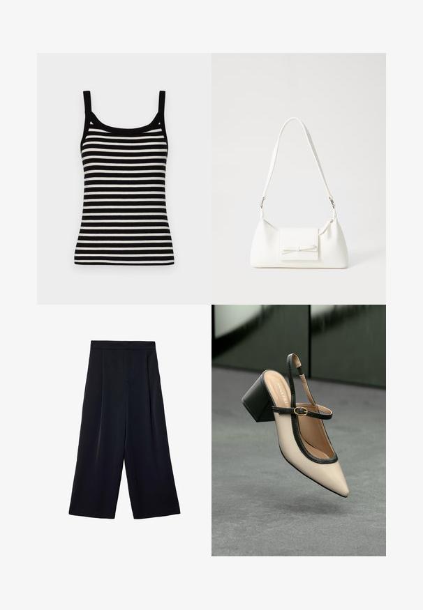 GAP MOD RIB - Top - black/white; Široké černé kalhoty vyrobené z lehkého materiálu. Mají plisovaný přední díl, vysoký pas a volný střih kolem nohou.; Beige boty s špičatou špičkou a otevřenou patou, černými detaily, zlatou přezkou a silným blokovým podpatkem, na šedé podlaze s tmavě zeleným pozadím.; Bílá syntetická kabelka v trojúhelníkovém tvaru, s plochým předním klopným víkem a detailem mašle, nastavitelným popruhem, hladkým povrchem a minimalistickým designem.
