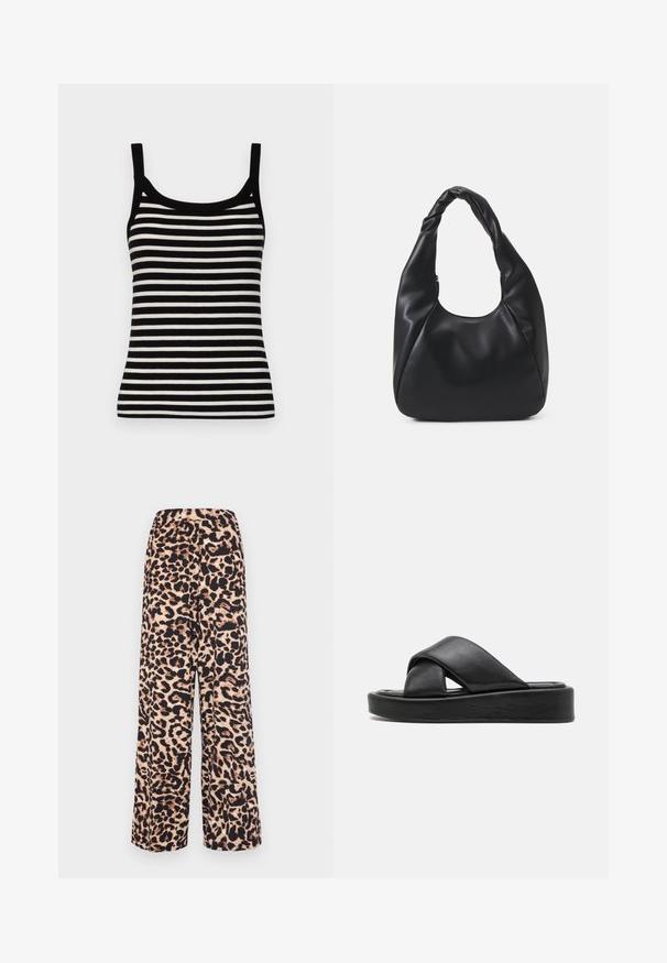 GAP MOD RIB - Top - black/white; Pantaloni cu picioare largi dintr-un material moale, având un imprimeu cu leopard în nuanțe de bej cald și maro închis, cu un elastic la talie pentru confort.; Sandale slide din piele neagră cu design cu bretele încrucișate, talpă plată și textură netedă. Estetică minimalistă și monocromă.; Geantă hobou neagră, fabricată dintr-un material asemănător cu pielea, cu un mâner răsucit, având o formă moale și rotunjită și o închidere cu fermoar deasupra.; Cercei cercuri din aur cu un finisaj neted și strălucitor. Design circular cu un mic suport și un spate transparent pentru o purtare sigură.