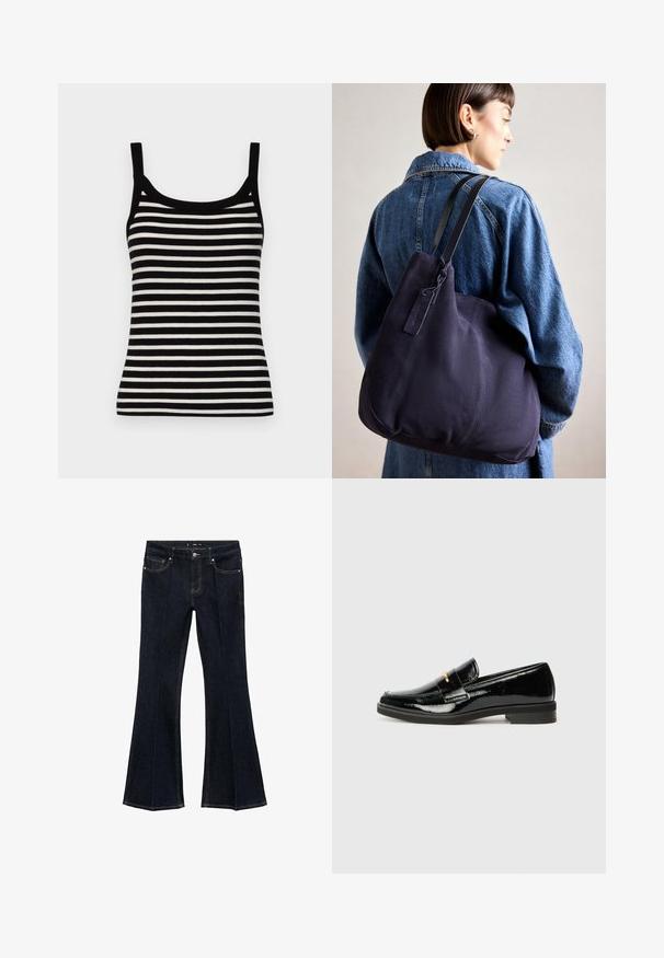 GAP MOD RIB - Top - black/white; Dark blue denim jeans with high waist, front pockets, and flared wide legs, displayed flat on a white background.; Black patent leather loafer with a low heel, featuring a strap and gold accent across the upper, smooth texture, and rounded toe.; Navy canvas shoulder bag with a soft, structured shape, featuring a black strap, stitched detailing, and a small brand tag.