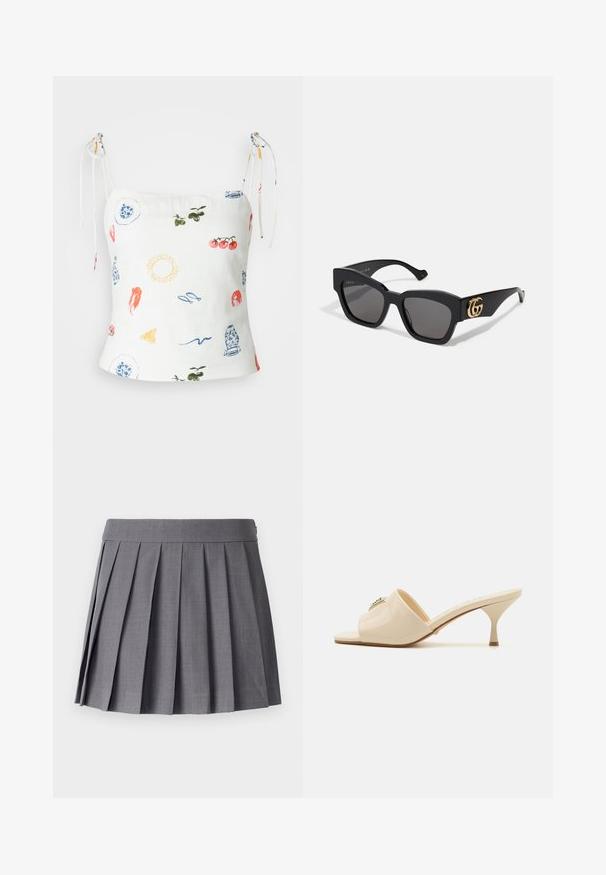 Abercrombie & Fitch SLIM TIE STRAP - Felső - multi-coloured; SOMETHINGNEW SNMEGAN MINI - Rakott szoknya - harbor mist; Beige lakkbőr nyitott orrú muleszandál, alacsony stiletto sarokkal. Középen dekoratív díszítéssel ellátva. Simára polírozott, fényes felület.; Fekete, téglalap alakú napszemüveg sötét lencsékkel, oldalt arany GG logóval. Fényes műanyagból készült, egyenes szárakkal.; Fekete bőr hobo táska sima, fényes textúrával, széles, ívelt fogantyúval és diszkrét elülső redővel, amely fém snap zárással rendelkezik.