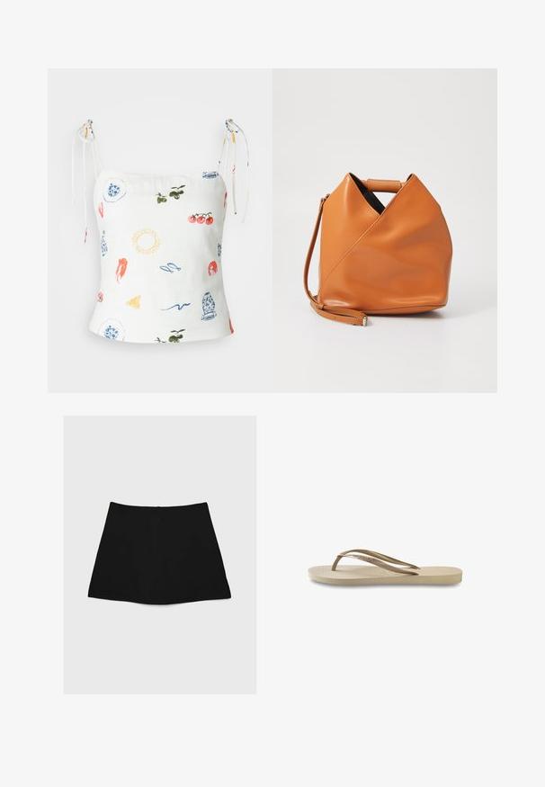Abercrombie & Fitch SLIM TIE STRAP - Top - multi-coloured; Čierna mini sukňa s hladkou textúrou, tvarom do A a zakriveným lemom. Obsahuje zadný zips na zapínanie, žiadne ďalšie vzory ani akcenty.; Svetlobežové žabky s textúrovanou stielkou, plochou podrážkou a tenkými, lesklými popruhmi. Obsahuje jemné logo na popruhu.; Hnedá kožená kabelka s jedinečným trojuholníkovým prehnutím, horným uchom a odnímateľným ramenným popruhom na bielom pozadí.