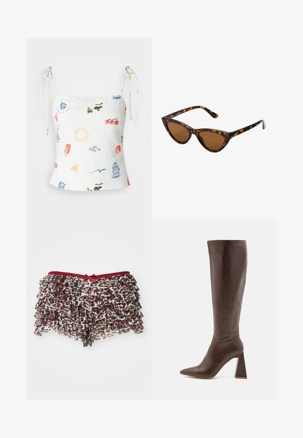 Abercrombie & Fitch SLIM TIE STRAP - Top - multi-coloured; Pantalones cortos de leopardo con estampado floral y volantes en capas, con una cinturilla de encaje rojo y un pequeño lazo decorativo en el frente.; RAID TENBY - Botas - brown; Gafas de sol estilo ojo de gato con montura de carey negra y naranja, lentes marrones y puntas elegantes y afiladas. Presenta un logo minimalista en la patilla.
