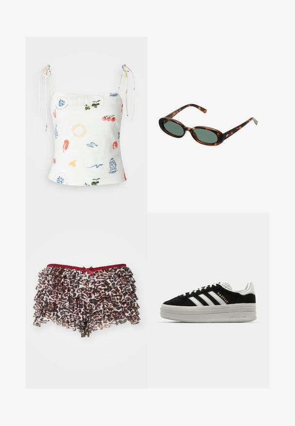Abercrombie & Fitch SLIM TIE STRAP - Felső - multi-coloured; Virágos leopárdmintás rövidnadrág réteges fodrokkal, piros csipkebetéttel a derekán és egy kis masnival az elején.; Fekete velúr sportcipő fehér bőr díszítéssel, három fehér csíkkal, lapos fűzővel és vastag szürke platform talppal. Arany "Gazelle" márkajelzés.; Tortojásmintás napszemüveg ovális kerettel és zöld lencsékkel. Vékony szárakkal rendelkezik, fémes kiegészítővel a csuklók közelében.