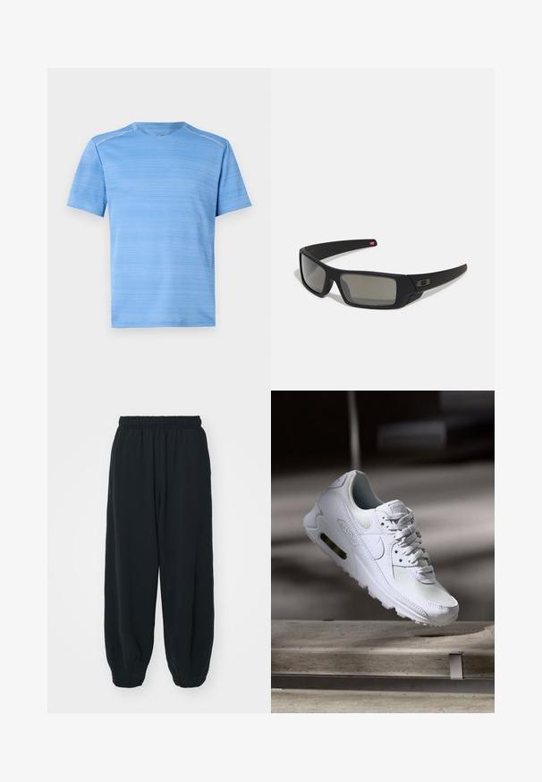 T-shirt azul claro com um padrão listrado texturizado, mangas curtas e decote redondo. Feito de um material sintético suave.; Calças de fato de treino pretas, com cintura elástica e um corte solto, com punhos nas pernas, textura suave e sem padrões visíveis ou detalhes de metal.; Sapatilha Nike Air Max 90 branca com parte superior em malha e couro, caixa de dedos perfurada e uma unidade de ar visível no calcanhar.; Óculos de sol pretos com acabamento mate, lentes retangulares, leve curvatura nas hastes, detalhe sutil do logo e lentes de cor fumada.