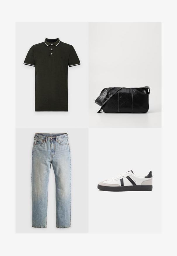 Tamsiai žalia polo marškinėliai, pagaminti iš tekstūruoto audinio. Yra dviem mygtukais užsegama apykaklė, kontrastinga balta ir tamsiai mėlyna juostelė ant apykaklės ir rankogalių.; Šviesiai mėlynos džinsinės kelnės su aukštu liemeniu, priekyje mygtukas, užtrauktukas ir penkių kišenių dizainas, išklotos ant neutralios fono.; Balti sportbačiai su juodais ir pilkais akcentais, pasižymintys tekstūruotu pilku pirštų dangteliu, juoda gumine padais ir plokščiomis baltomis raišteliais. Švarus dizainas, minimalistinis stilius.; Juodas odinis pečių krepšys su užtrauktuku, turintis tekstūruotą paviršių, baltą siuvinėjimą ir dirželį su sidabinėmis metalinėmis detalėmis.