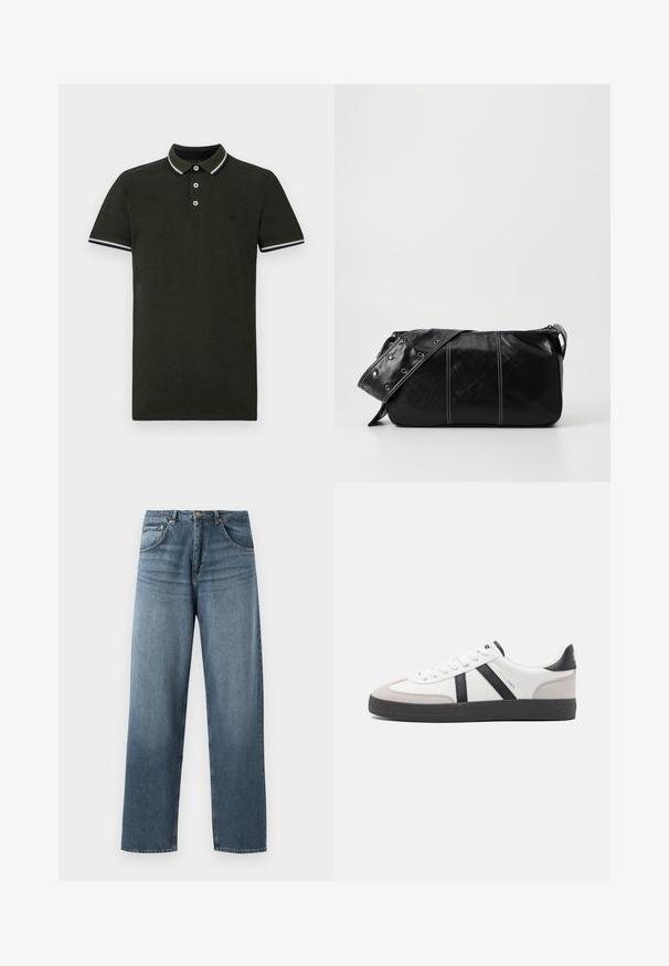 Tummanvihreä poolopaita, joka on valmistettu teksturoidusta kankaasta. Ominaisuuksiin kuuluu kaksipainikeinen kaulus, erottuvat valkoiset ja laivastonsiniset raidat kauluksessa ja hihojen resoreissa.; Suorat siniset farkut, joissa on haalistunut pesu, viiden taskun muotoilu, metallinen nappi ja vyölenkit. Rakenne on keskikokoista painoa oleva kangas.; Valkoiset lenkkarit mustilla ja harmailla yksityiskohdilla, joissa on teksturoitu harmaa kärki, musta kumipohja ja litteät valkoiset nauhat. Siisti muotoilu, minimalistinen tyyli.; Mustakulmainen nahkainen olkalaukku, jossa on vetoketjukiinnitys, teksturoitu pinta, valkoiset ompeleet ja hihna, jossa on hopeiset niitit.