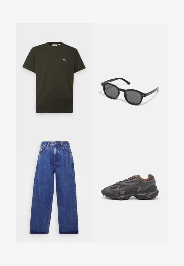 Obey Clothing LOWERCASE TEE UNISEX - Jednoduché tričko - rosin; Široké modré džíny s vysokým pasem, které mají pět kapes, zapínání na knoflík a jemné zesvětlení pro zvýraznění textury.; Sněrovací boty Lacoste v tmavě šedé barvě s síťovinou a syntetickým materiálem, prezentující texturovanou podrážku a hnědé detaily na límci a logu.; Černé oválné sluneční brýle s tmavými skly, silnými rámy a stříbrnými tečkami na stranách. Hladký plastový materiál, moderní design.