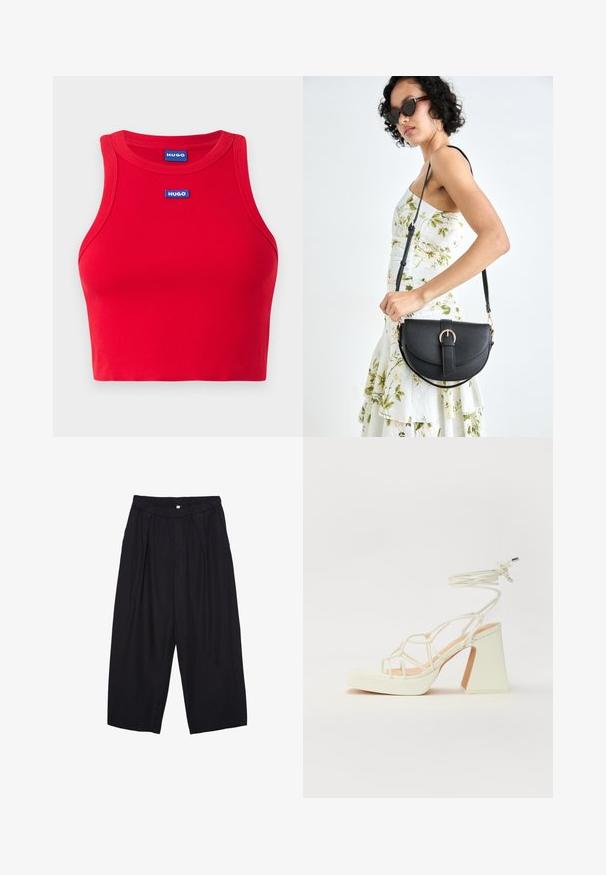 Rotes, geripptes Crop-Top aus Baumwolle mit Rundhalsausschnitt. Mit blauem 'HUGO'-Logo auf der Vorderseite, das ein figurbetontes Design zeigt.; Schwarze Polyester-Culotte mit einem elastischen Bund, zwei vorderen Falten und einer lockeren Silhouette. Keine sichtbaren Muster oder Hardware-Details.; Weiße High-Heel-Sandale mit einem klobigen Absatz, die über ein Riemchendesign und ein Knöchelband verfügt. Glatte Textur mit einer Plattform vorne für zusätzliche Höhe.; Schwarze Lederhandtasche mit geschwungener Form, abnehmbarem Tragegurt und goldenen Beschlägen. Die Tasche verfügt über einen Deckel mit einer Schnallen-Details.