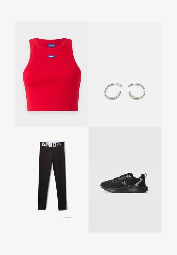 Piros bordázott crop top, pamutból készült, kerek nyakkal. Elöl kék 'HUGO' logóval rendelkezik, amely kiemeli a karcsú fazont.; Fekete leggings fehér "CALVIN KLEIN" logóval a derékrészen. Simára megmunkált anyag, testhezálló kialakítás, hálós betétekkel a bokáknál.; Fekete, alacsony szárú sportcipő, lélegző hálós anyagból, fűzős kivitel, texturált talppal és oldalon található "cK" logóval.; Ezüst gyűrű fülbevalók sima, lekerekített formával és fényes, polírozott felülettel. Minimalista alakjukkal és enyhe nyitással rendelkeznek.