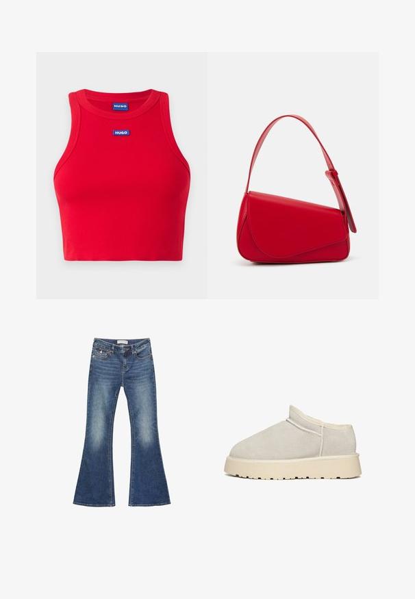 Punainen ribattu crop-top, joka on valmistettu puuvillasta ja jossa on pyöreä kaula-aukko. Etupuolella on sininen 'HUGO' -logo, mikä korostaa istuvaa muotoilua.; Farkkujen leveälahkeet keskipäivän sinisessä, jossa on kulumisen yksityiskohtia. Ominaisuuksiin kuuluu klassinen viisi taskua -design ja kontrastivärinen ompelu nappisuljennalla.; Beige nubukki liukuva kenkä, jossa on pyöristetty varvas, pehmustettu kaulus ja paksu kerma sävyinen pohja, jossa on uria pitoa varten. Saumojen yksityiskohdat näkyvät.; Punainen nahkalaukku, jossa on kulmikas, geometrinen muotoilu. Varustettu yhdellä säädettävällä hihnalla ja läpällä, jossa on ommeltu yksityiskohtia.
