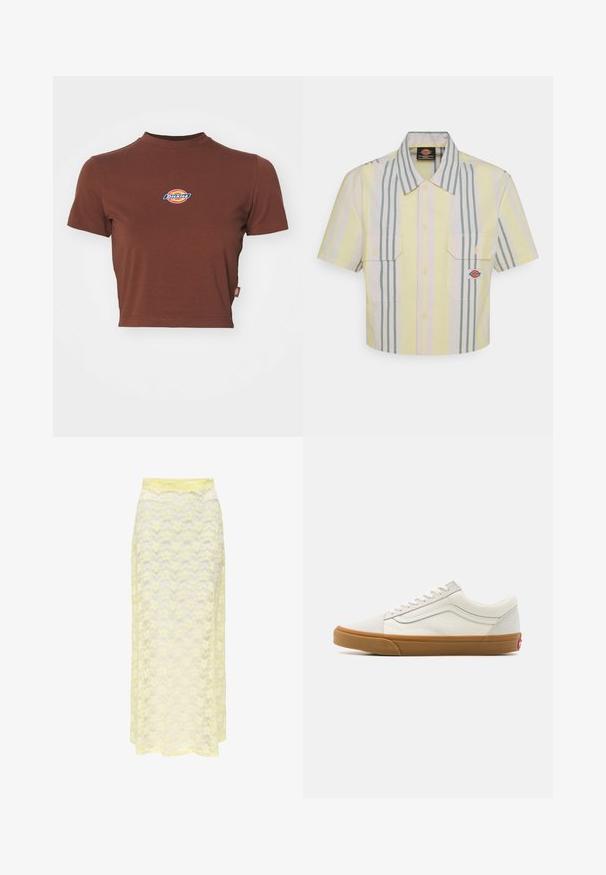 Brown cropped t-shirt with a ribbed high neckline and short sleeves. Features a circular "Dickies" logo in blue and yellow at the chest.; Cropped short-sleeve shirt in light yellow with vertical green and pastel stripes. Features two chest pockets and a logo patch on the left pocket.; Yellow lace maxi skirt with a wavy pattern, featuring a smooth waistband and soft, sheer texture. Designed for a flowy silhouette.; White canvas low-top sneakers with a gum rubber sole, round toe, lace-up closure, and side leather stripe detail.