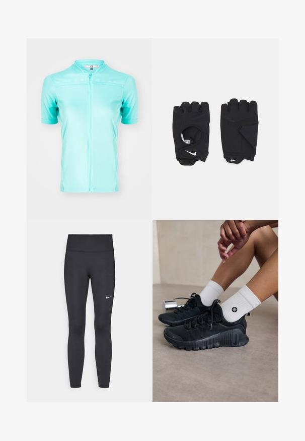 Rövid ujjú kerékpáros mez világos türkiz színben, légáteresztő anyagból készült, teljes hosszú cipzárral és szellőző hálós betétekkel.; Fekete leggings elasztikus anyagból, magas derékkal és fehér Nike logóval a bal combon. Simább textúra, testhez álló kialakítás.; Fekete sportcipők texturált anyagból, fűzős kialakítással és hangsúlyos talppal, fehér bordás zoknikkal párosítva, melyek kis logóval rendelkeznek.; Fekete, ujj nélküli kesztyűk rugalmas anyagból, nyitott tenyér dizájnnal, tapadós részletekkel és fehér Nike logóval.