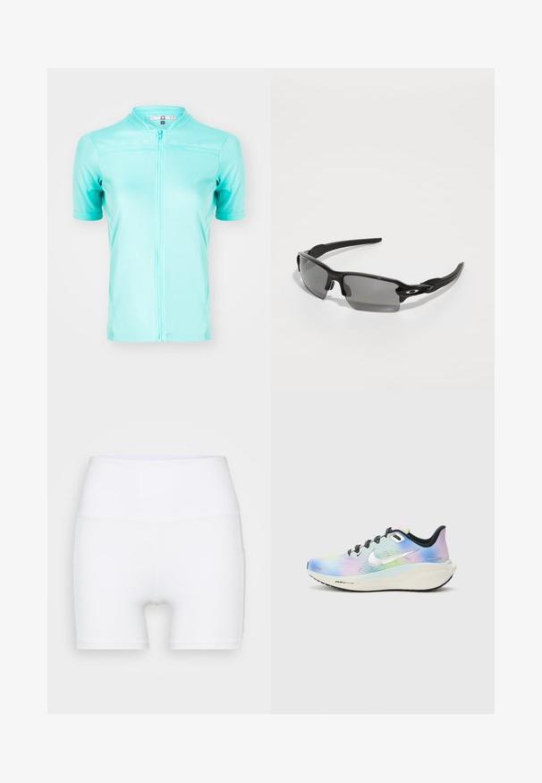 Maillot de ciclismo de manga corta en verde claro, fabricado con tejido transpirable y con una cremallera frontal completa y paneles de malla para ventilación.; Shorts blancos de talle alto confeccionados en tejido elástico. Presentan una textura suave y un diseño ajustado, sin patrones ni herrajes adicionales.; Zapatilla de running Nike con un acabado degradado que presenta tonos de azul claro, rosa y verde. Cordoneras y suela negras; acento de logo plateado.; Gafas de sol deportivas negras con lentes grises, diseño de marco curvado y detalle del logotipo en el lateral. Fabricadas en un material plástico ligero.