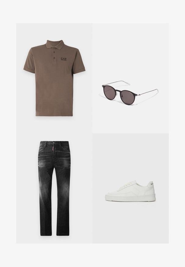 Polo castanho feito de algodão, com gola, pala de três botões, mangas curtas e um logo cinza escuro no lado esquerdo do peito.; Jeans de denim preto com um corte reto. Apresentam áreas desbotadas, ligeira degradação, design clássico de cinco bolsos e um fecho de botão.; Sapatilha de couro branco com acabamento suave, bico redondo, atacadores planos e uma sola texturizada. Apresenta um logotipo discreto no calcanhar.; Óculos de sol redondos pretos com lentes escuras e hastes metálicas finas. Inclui pontas de templo transparentes e detalhes em prata na dobradiça. Design minimalista.
