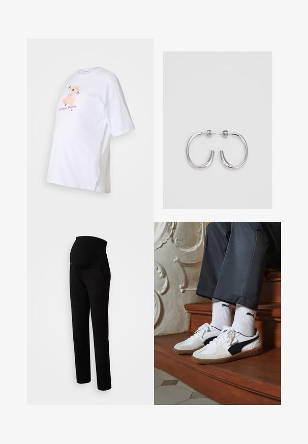 Biela elastická bavlnená tričko s krátkymi rukávmi, so zaujímavou grafiku farebnej rozprávkovej jeleň a textom "Drama Mama" v ružovej farbe. Bočné rozparky na leme.; Tehotenské nohavice v čiernej farbe, so strečovým pásom pre pohodlie, bočnými vreckami, rovnou nohavicou a mäkkou textúrou látky.; Tenisky Puma v bielej a čiernej z semišu, s hnedou gumovou podrážkou. Kombinované s bielymi ponožkami s čiernym logom, nosené s tmavými nohavicami.; Strieborné kruhové náušnice s hladkým, lesklým povrchom, majú zakrivený tvar a zapínanie na puzetu. Minimalistický dizajn s moderným vzhľadom.