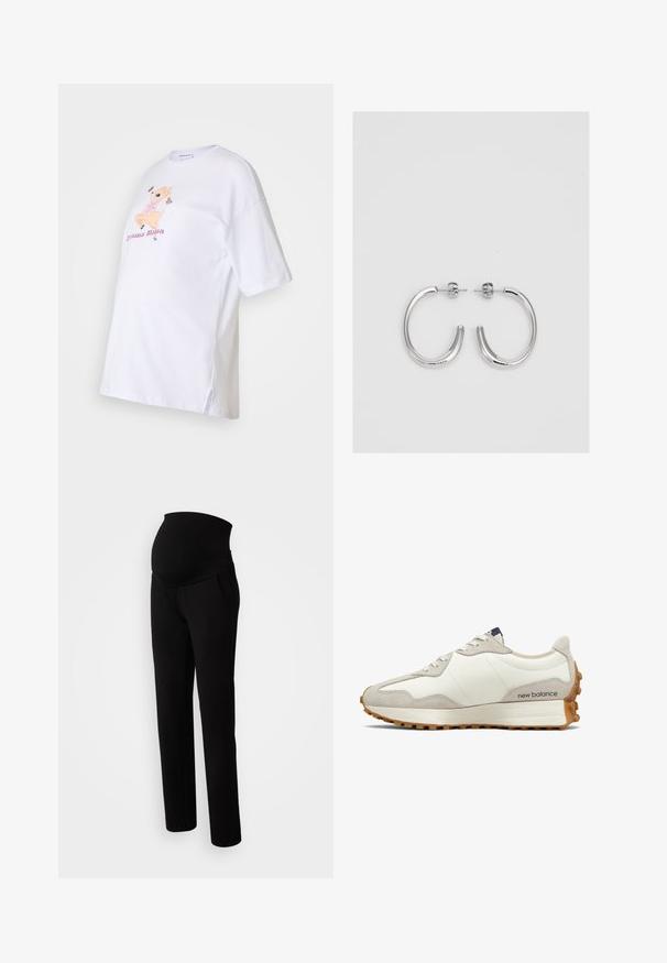 Bijela pamučna majica s kratkim rukavima, koja sadrži šareni grafički prikaz crtanog jelena i natpis "Drama Mama" u ružičastoj boji. Bočni prorezi na rubu.; Trudničke hlače u crnoj boji, s rastezljivim pojasom za udobnost, bočnim džepovima, ravnim krojem i mekim materijalom.; Bijela i bež tenisica s gornjim dijelom od glatke kože i aplikacijama od brušene kože. Ima okrugle vezice, jastučićasti potplat i teksturiranu gumenu potplatu.; Srebrne naušnice u obliku obruča sa glatkom, sjajnom površinom, zakrivljenog oblika i zatvaranjem na čep. Minimalistički dizajn s modernim završetkom.