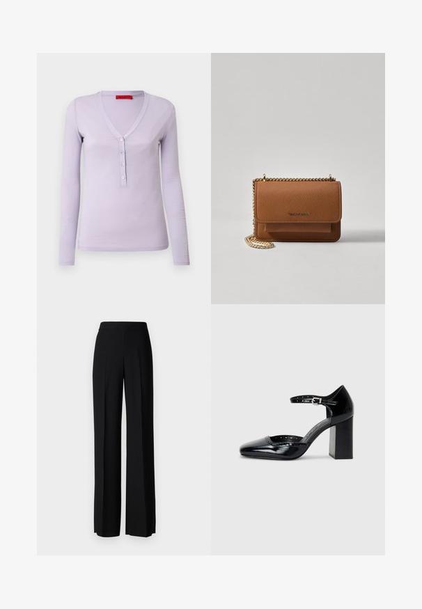 Lilla langermet topp med V-hals, med en fem-knapps knappestolpe og et mykt, lett stoff. Enkel, tettsittende design.; Sorte vidde bukser med en glatt tekstur, med høy midje og sentrale folder. Ingen synlige mønstre eller maskinvaredetaljer.; Sorte lakk lær høye hæler med firkantet tå, ankelrem og chunky hæl. Inkluderer perforerte detaljer langs kanten.; Brun teksturert lær crossover-veske med gullkjede-stropp og klaffelukking. Fronten har logo-detalj og en lomme under klaffen.