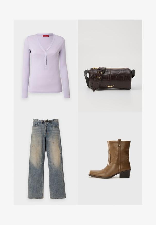 Ibolyaszínű, hosszú ujjú felső V-nyakkal, öt gombos légkörrel és puha, könnyű anyaggal. Egyszerű, testhezálló dizájn.; Világoskék farmernadrág, laza, egyenes szabással. Serteszálas, kopott és szakadt részletek jellemzik a térd környékén. Klasszikus öt zsebes stílus.; Barna bőrből készült bokacsizma négyzet alakú orral, texturált felülettel és alacsony, rakott sarkával. Hátsó húzófüllel és finom varrási részletekkel rendelkezik.; Barna krokodilbőr hatású bőr táska henger alakú, arany tónusú fémveretekkel és lecsatolható, szegecsekkel díszített pánttal.