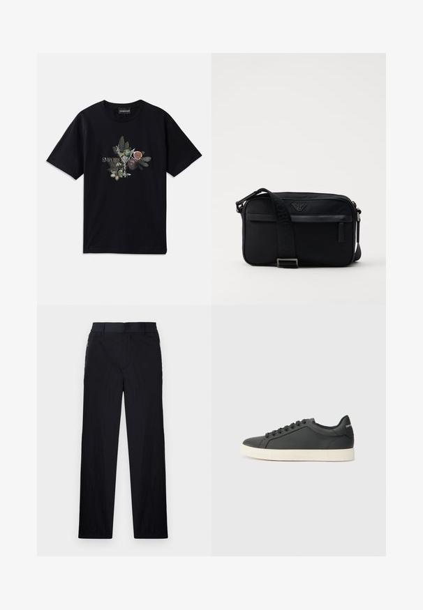 Μαύρη κοντομάνικη μπλούζα φτιαγμένη από βαμβάκι με βοτανική εκτύπωση φύλλων και φρούτων, κεντραρισμένο κείμενο που λέει "EMPORIO ARMANI."; Μαύρο παντελόνι με ελαφρύ, υφασματοποιημένο φινίρισμα, ευθύ γραμμή, ελαστική ζώνη στη μέση και πλαϊνές τσέπες με φερμουάρ.; Μαύρο δερμάτινο αθλητικό παπούτσι με χαμηλό προφίλ, στρογγυλή μύτη και κλείσιμο με κορδόνια. Διαθέτει υφή ελαστική σόλα και λεπτομέρεια λογότυπου στη φτέρνα.; Μαύρη νάιλον τσάντα ώμου με αντίθετο λουρί, κομψό ορθογώνιο σχήμα, λεπτομέρεια λογοτύπου και τσέπη με φερμουάρ μπροστά.