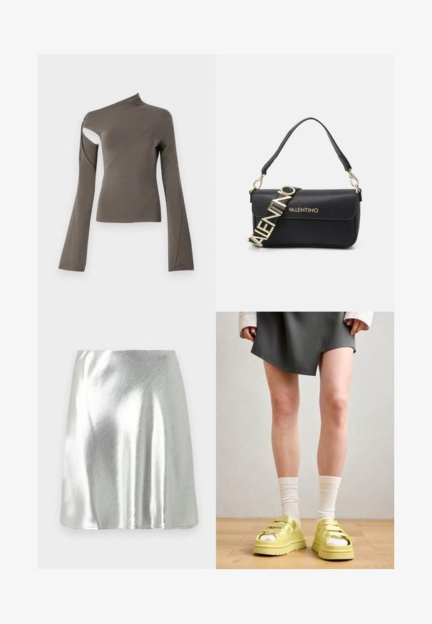 Asümmeetriline pikas varrukas topp oliivirohelises toonis, millel on lõige ühel õlal, sile tekstuur ja laienev varruka disain.; Hõbedase metallilise viimistlusega mini-seelik, millel on sile tekstuur ja kergus sära. Omaduseks on lehvikukujuline disain ja lihtne, puhas lõigatud ääreline.; Kollane platvormsandaalid mitme rihmaga, kantud valgete ribatega sokkidega, kombineeritud halli mähkmisega seelikuga puidust põrandal.; Must mustra naine nahkoi kott, struktureeritud kujuga, millel on kuldne "VALENTINO" logo rihm ja eemaldatav õla rihm. Tekstuuriga viimistlus.