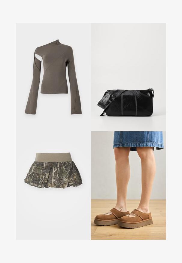 Asymmetrical long-sleeve top in olive green, featuring a cut-out on one shoulder, smooth texture, and flared sleeve design.; Camouflage skirt with a gathered hem, featuring a wide elastic waistband in khaki. Made of lightweight fabric with leafy patterns.; Brown suede platform shoes with a rounded toe, cut-out details, and a sturdy sole, accompanied by a denim skirt in a wooden floor setting.; Black leather shoulder bag with a zip closure, featuring a textured body, white stitching, and a strap with silver grommets.
