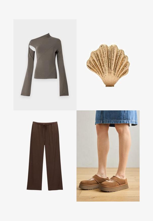 Asymetrická blúzka s dlhým rukávom v olivovej zelenej farbe, s výrezom na jednom ramene, hladkou textúrou a rozšíreným dizajnom rukávov.; Hnedé nohavice s širokými nohavicami vyrobené z mäkkej tkaniny, so sťahovacím pásom a dvomi bočnými vreckami.; Hnedé semišové platformové topánky s okrúhlym prstom, vyrezávanými detailmi a pevným podrážkou, v kombinácii s džínsovou sukňou na drevenej podlahe.; Zlatá dekoratívna škrupinová súčasť s textúrovaným povrchom a rebrovaným dizajnom, s plochým podstavcom pre stabilitu.