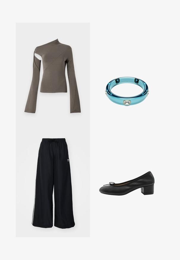 Asymmetrisches Langarmoberteil in Olivgrün, mit einem Ausschnitt an einer Schulter, glatter Textur und weitem Ärmel-Design.; Schwarze weite Hosen aus leichtem Material. Mit elastischem Bund und Kordelzug sowie weißen Seitenstreifen. Markenlogo auf der Hüfte.; Schwarze Lederpumpe mit runder Zehenpartie, kleinem Schleifendetail an der Vorderseite und quadratischem Blockabsatz. Glatte Textur mit minimalen Designelementen.; Transparenter blauer Armreifen aus Acryl, mit rechteckigen klaren und smaragdgrünen Akzenten, die an den Seiten eingearbeitet sind. Glatte Textur.