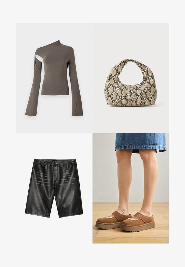 Asymmetrisk langermet topp i olivenfarge, med en utskjæring på den ene skulderen, glatt tekstur og flagrende ermedesign.; Svarte faux skinnshorts med en jevn tekstur, fem lommer og diskret stripe detaljer foran. Klassisk rett snitt-design.; Brune semskede platå-sko med rund tå, utskjæringer og solid såle, sammen med et dongeri-skjørt i et rom med tregulv.; Veske med slangeskinnmønster og krummet håndtak. Laget av teksturerte, beige og brune materialer, med et særegent diamantmønster.