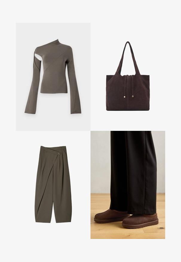 Asymmetrisk langermet topp i olivengrønn, med et utsnitt på den ene skulderen, glatt tekstur og utvidede ermer.; Housut, joissa on leveä malli tummanoliivinvihreässä kankaassa, pleat-edessä, napin sulkeminen ja kiiltävä, tekstuuri pinta.; Ruske mokasiner av sueden med gummisåle, med oransje søm langs kragen, sammen med svarte bukser på et tregulv.; Mango Shopping bag - dark brown