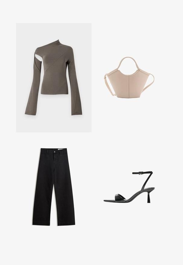 Asymmetrische langemouwen top in olijfgroen, met een uitsnijding op één schouder, gladde textuur en uitlopende mouwontwerp.; Zwarte denim broek met wijde pijpen en een hoge taille, voorzien van voor- en achterzakken, gestikte naden en een knoopsluiting. Gladde textuur.; Bershka Sandalen met hoge hak - black; Beige leren handtas met een unieke vorm, voorzien van twee korte handvatten en een lange verstelbare schouderriem. Glad oppervlak met minimale hardware.