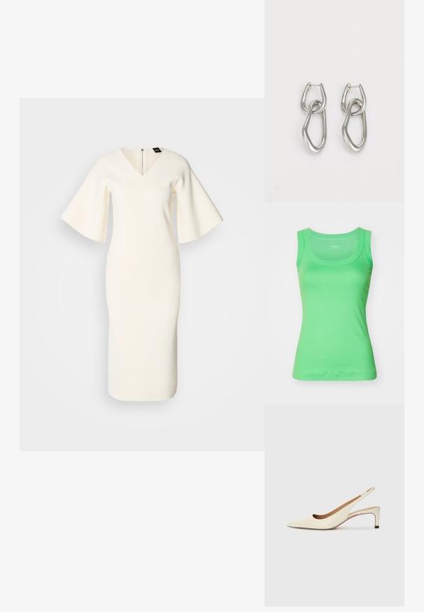 Green sleeveless tank top made of smooth fabric with a scoop neckline and fitted design, featuring a straight hem and no patterns or accents.; White knit dress with V-neckline, flared short sleeves, fitted silhouette, and back zipper detail. Smooth texture and knee-length cut.; Pointed-toe slingback shoe in off-white leather, featuring a low heel and cut-out design with a smooth texture and minimal accents.; Calvin Klein STATEMENT LINKS - Earrings - silver-coloured