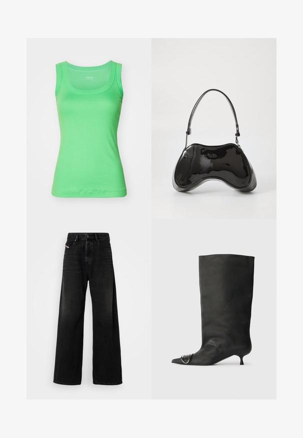 Green sleeveless tank top made of smooth fabric with a scoop neckline and fitted design, featuring a straight hem and no patterns or accents.; Wide-leg black denim jeans with a high waist, featuring a button closure, front pockets, and a faded texture.; Black leather ankle boot with a pointed toe, small heel, and metallic accent detail on the toe. Smooth, matte texture throughout.; Black patent leather handbag with a unique curved shape, short adjustable handle, and a zippered top. Smooth texture with subtle branding.