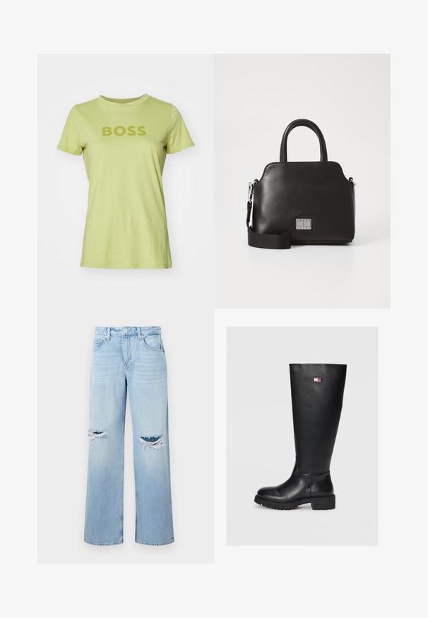 Heled roheline puuvillane T-särk lühikeste varrukatega, ümar kaelus ja sõna "BOSS" trükitud tumerohelises värvuses, keskel ees.; Heledad sinine denim püksid laia jala disainiga, millel on kulunud rebenemised põlvedel ja klassikaline viie tasku stiil.; Mustad mustakõrguseni ulatuvad saapad, mis on valmistatud siledast nahast ja millel on tekstureeritud kummist soe, sisaldavad väikest logot tšehhi, valge ja sinise värviga.; Must musta käsitaskuga, eemaldatava õlavarre rihmaga, ümarkujuline, sileda tekstuuriga ja hõbedase logoaktsendiga ees.