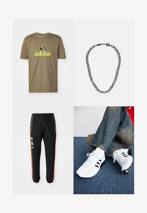 Alyvų žalios medvilnės marškinėliai su dideliu juodu ir geltonu Adidas logotipu. Trumpomis rankovėmis ir klasikinis apvalus iškirpimas.; Juodos sportinės kelnės su elastingu juosmeniu, auksinėmis ir raudonomis šoninėmis juostelėmis bei geltonais logotipais kairėje šlaunyje.; Balti tinkliniai sportiniai bateliai su juodais akcentais, turintys tekstūruotą dizainą ir išskirtinį padas, derinami su mėlynais džinsais.; Metalinė grandinėlė su pailgintais saitais tamsiai metalinės spalvos. Yra geometrinis akcentas ir užsegimas su prekės ženklo detale.