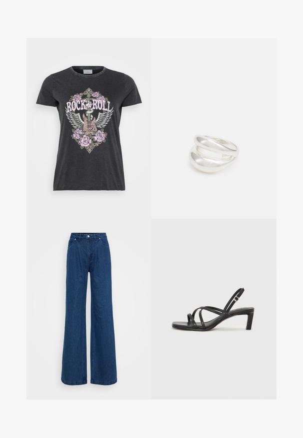 Tumehall t-särk, millel on graafiline kujundus kitarrist tiibadega, lilledega ja tekst "ROCK & ROLL" roosas. Lühikesed varrukad, ümar kaelus.; Hallise jalgadega sinised denim püksid kõrge vöökohaga, ees nupuga ja tõmbluku sulguri ning ees ja taga taskutega, lihtsa tausta ees.; Mustast rihmajalatsid ruudukujulise varba ja madala ploki kontsaga. Omab mitmeid õhukesi rihmasid ja reguleeritavat pahkluu rihma. Valmistatud siledast nahast.; Hõbedane kahekordne rõngas sujuva, poleeritud pinnaga. Omab voolavat, kõverat disaini, millel on kattuvad sektsioonid, et saavutada kaasaegne ilme.