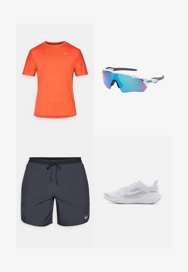 Kirkkaan oranssi lyhythihainen urheilupaita, jossa on pyöreä kaula-aukko ja pieni vaaleansininen logo vasemmassa rinnassa valkoista taustaa vasten.; Juoksushortsit tummanharmaana, joissa on elastinen vyötärö ja nyöri sekä hopeinen logo vasemmassa alalaidassa.; Valkoinen urheilukenkä, jossa on verkkomateriaali yläosa, sileät tekstuuriset päällysteet, harmaat yksityiskohdat, nauhat ja pehmustettu pohja, joka on suunniteltu suorituskykyä varten.; Aurinkolasit valkoisella muodolla, harmailla yksityiskohdilla ja sinisillä peilipinnoilla. Urheilullinen muotoilu, ympäröivä malli ja säädettävät nenätyynyt.