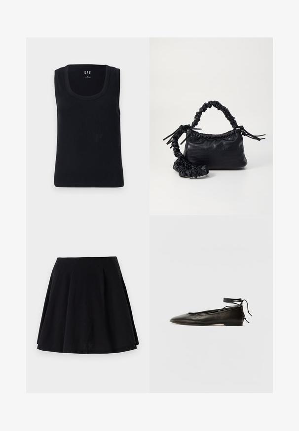 Fekete bordázott ujjatlan póló, kerek nyakkivágással és testhez simuló szabással. Címke a felső középen elhelyezve.; Fekete pamut szoknya bővülő szabással, derékrészen redőzött kialakítással és sima textúrával. Kiváló választás hétköznapi viseletre.; Fekete bőr balettcipők hegyes orral, bokakötővel és lapos talppal, sima textúrával és minimalista dizájnnal.; Fekete műbőr kézi táska krokodil bőr textúrával, összehúzható tetejű és gyűrt pánttal. Lágy és kompakt dizájnúnak tűnik.