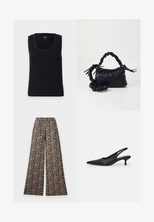 Crna rebrasta majica bez rukava s okruglim izrezom, uskog kroja. Natpis je prikazan na gornjem središtu.; Široke hlače s elastičnim pojasom u bež i smeškastom leopardskom uzorku na beloj pozadini.; Crne kožne slingback cipele s oštrim nosom i uskim, zakrivljenim potplatom. Imaju diskretnu podesivu traku s metalnom kopčom.; Crna torba od umjetne kože s teksturom krokodila, s cinčanim vrhom i naboranom trakom. Izgleda mekano i kompaktno u dizajnu.