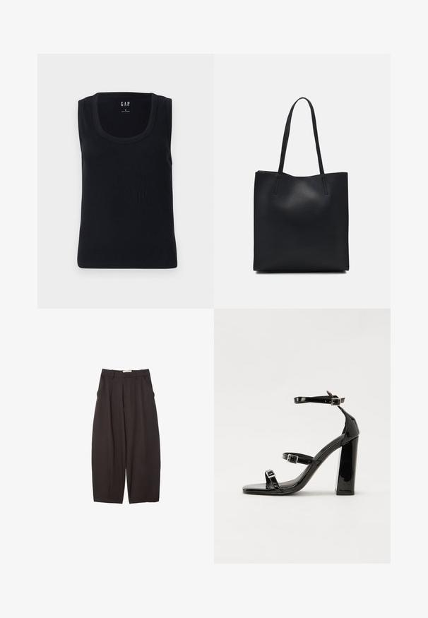 Czarny prążkowany top na ramiączkach z okrągłym dekoltem, bez rękawów i dopasowanym krojem. Metka umieszczona na górze, na środku.; Czarne spodnie o szerokich nogawkach wykonane z gładkiego materiału, z wysokim stanem, plisami z przodu i bocznymi kieszeniami. Prosty fason bez zdobień.; Czarne lakierowane sandały na obcasie z kwadratowym noskiem, z paskami wokół kostki i srebrnymi klamrami. Posiadają masywny słupek dla stabilności.; Czarna skórzana torba tote o gładkiej fakturze, prostokątnym kształcie i dwóch długich uchwytach. Brak widocznych elementów metalowych i ozdób.