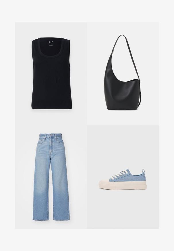 Black ribbed tank top featuring a round neckline, sleeveless design, and a fitted silhouette. Label displayed at the top center.; Light blue high-waist wide-leg jeans with front button and zip closure, front and back pockets, on a white background.; Light blue canvas sneakers with a cream rubber toe cap and outsole, featuring white laces and a pull tab on the heel.; Black leather hobo bag with a smooth texture, curved shape, and single adjustable strap; features a wide opening at the top.