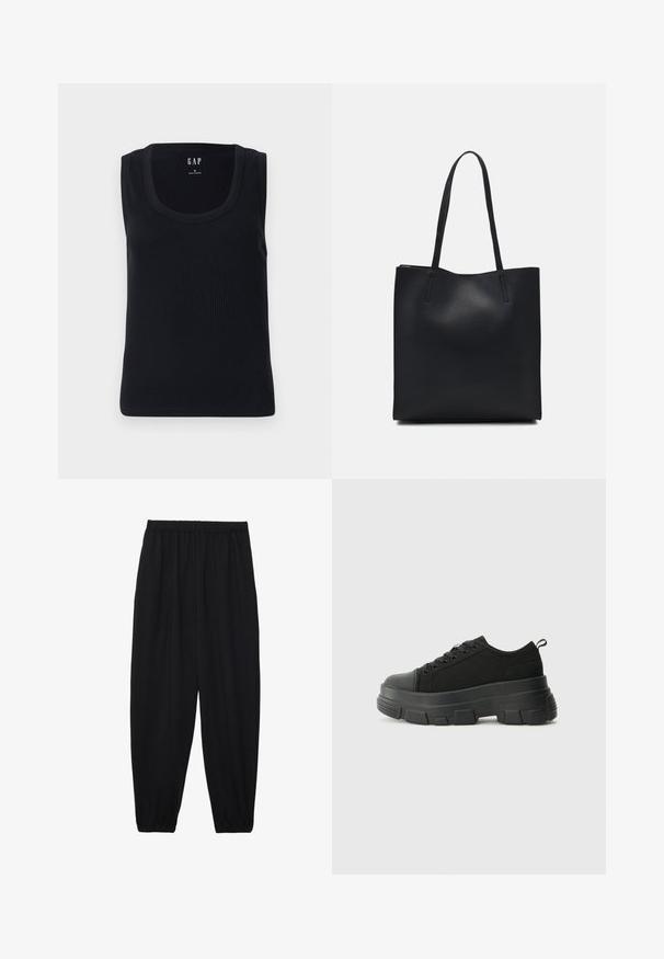 Must mustärane ribaidega tank top, millel on ümmargune kaelus, ilma varrukateta disain ja sobiv siluett. Sildiga peal keskel.; Mustad, kerge kangas püksid elastse vöökoha ja kokku volditud pahkluudega. Kanga pind on sile ja disain on lõdvestunud, kitsenev.; Mustad mustad mustikad, millel on tugev kummist põhi, tekstuuriga kangast pealis, ümar varvas ja seotud disain. Omab tugevdatud silmuseid ja tagumist tõmbeotsta.; Mustast nahast kott sujuva tekstuuriga, ristkülikukujuline ja kahe pika sangaga. Pole nähtavat riistvara ega kaunistusi.